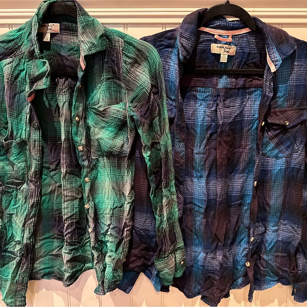 Pair TRIPLE FIVE SOUL Green with Black & Blue with Purple Plaid Hip Hop Shirts